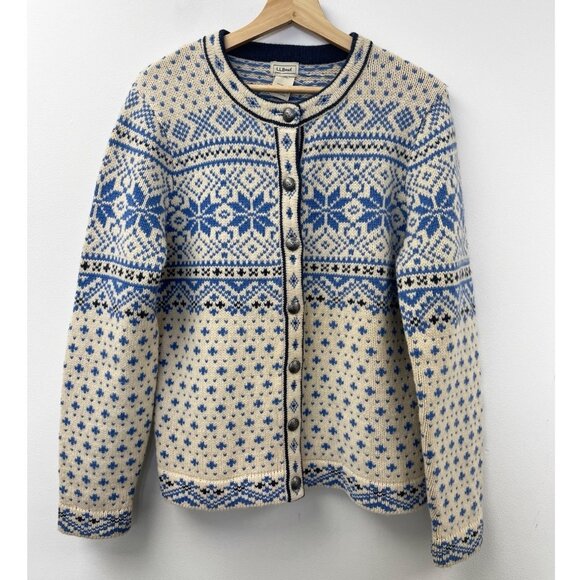 LL Bean Cardigan Sweater Women's Blue Cream Nordic Fair Isle Wool Ski Sz M NWT - Picture 1 of 13